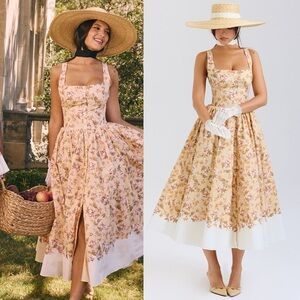 House of CB 'Alba' Honeyflower Priint Gathered Cotton‎ Midi Dress NWOT